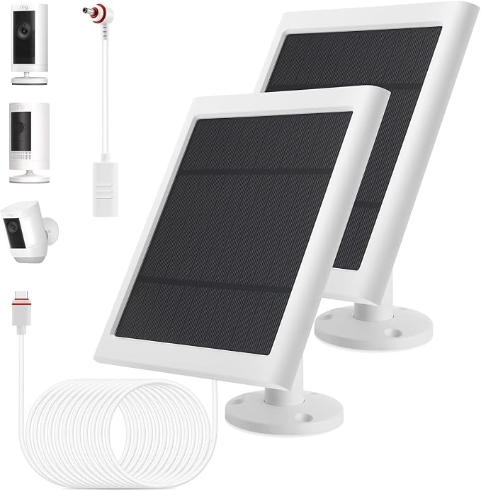 IP65 Solar Panel Outdoor for Ring Cameras (White 2P) Spotlight Cam Plus/Pro Stick Up Cam/Pro Wireless Outdoor with 10FT/3M Long Cable Dustproof Waterproof