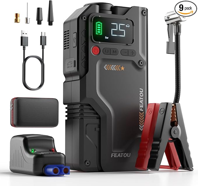 Jump Starter with Air Compressor, 5 in 1 Functional Jump Box 5500A Peak Power Pack with 150PSI Digital Tire Inflator, Portable Car Charger Jumper for 9.0L Gas or 7.5L Diesel