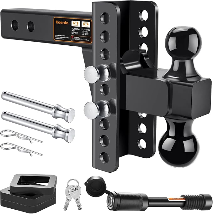 Adjustable Trailer Hitch Fits 2.5" Receiver, Drop Hitch & Tow Hitch with 6-Inch Drop/Rise, 2" & 2-5/16" Dual Ball Hitches for Trucks, 22,000 lbs GTW, Trailer Hitches with Anti-Theft Pin, Black