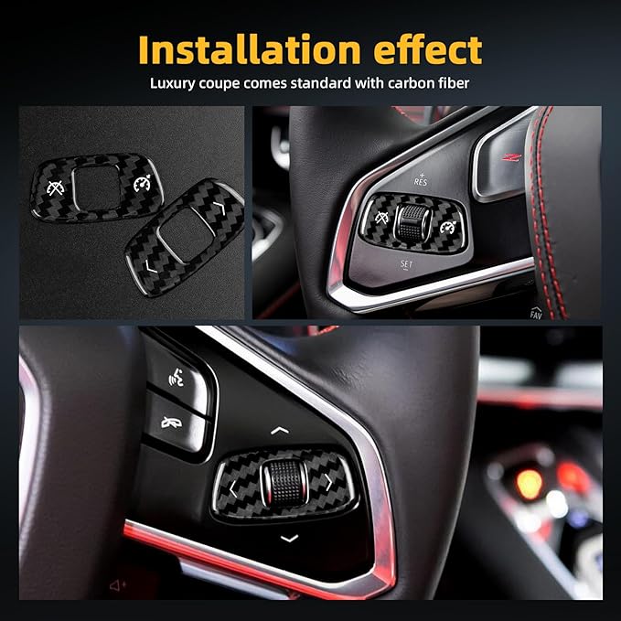 Real Carbon Fiber Steering Wheel Volume Control Button Covers - 2PCS for Corvette C8 2020 2021 2022 2023 2024 2025 Carbon Fiber Accessories, Anti-Scratch Protective Accessories (Black)
