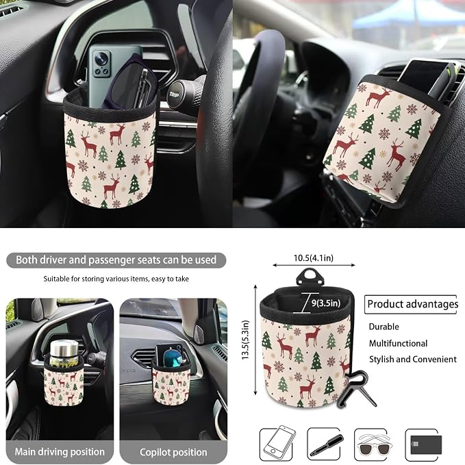 Deer Christmas Tree Pattern 10 Pack Car Seat Cover Set, 4 Front Rear Seat Covers, 1 Steering Wheel Cover, 1 Hanging Car Trash Can, 1 Air Vent Pouch, 2 Coasters, 1 Keychain Christmas Decor