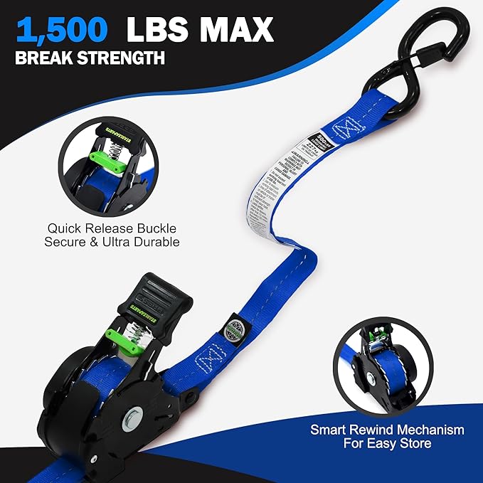Retractable Ratchet Straps(4PK 1.0INX12FT) - 1,500lb Break Strength, Ratchet Strap Heavy Duty with Rubber Coated Handle, Perfect Auto Ratchet Straps for Motorcycle,Trucks (Blue)