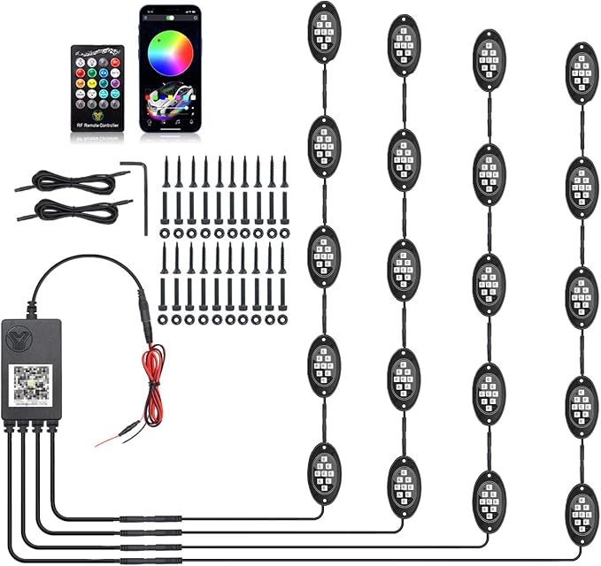 20 Pods Led Rock Lights for Trucks, RGB LED High Brightness Multifunction Neon Underglow Kit Waterproof Car Light with APP/RF Control, Rock Lights for Pickup Off Road RZR SUV ATV UTV