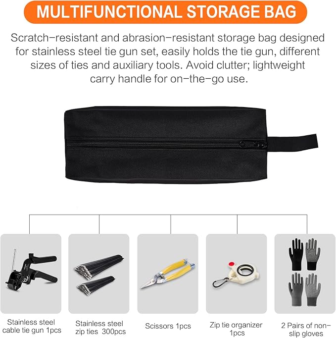 Stainless Steel Cable Tie Gun Kit：With 300pcs Uv Resistant Black Metal Zip Ties Heavy Duty Outdoor (150 Each of 8, 12 Inch) Adjustable Fastening Cutting Tie Tool Sets，for Chainlink Fence，Exhaust Wrap