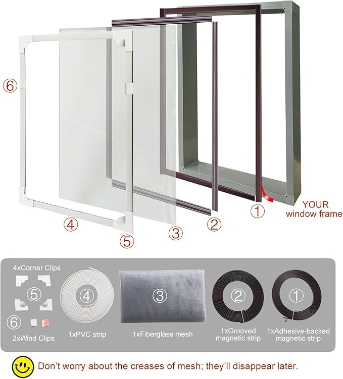 Magnetic Window Screen DIY Adjustable Window Mesh Screen Replacement Window Net Fits up to 59"x 61" White Frames with Fiberglass Mesh