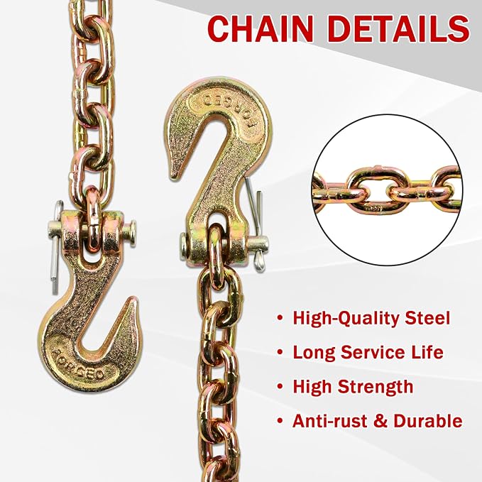 Heavy Duty G80 Transport Binder Chain 1/4'' Inch x 12 Feet,Tow Chain with G70 Clevis Grab Hooks,3300 lbs Safe Working Load Logging for Transporting, Towing(1/4'' x 12FT Yellow).