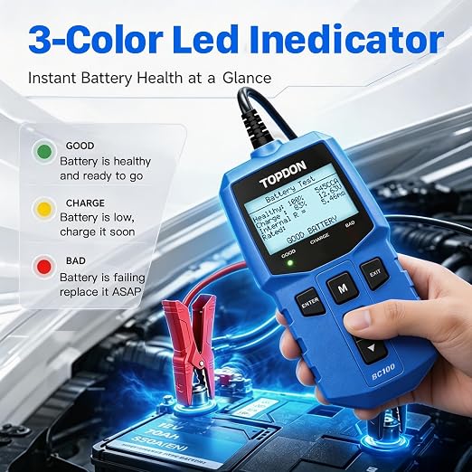 TOPDON BC100 Car Battery Tester 12V Automotive Battery Analyzer for Technicians & DIYers, 100-2000 CCA Digital Battery Load Tester, Fits Car, Truck, Motorcycle, ATV, SUV, Boat, Yacht, Golf Cart