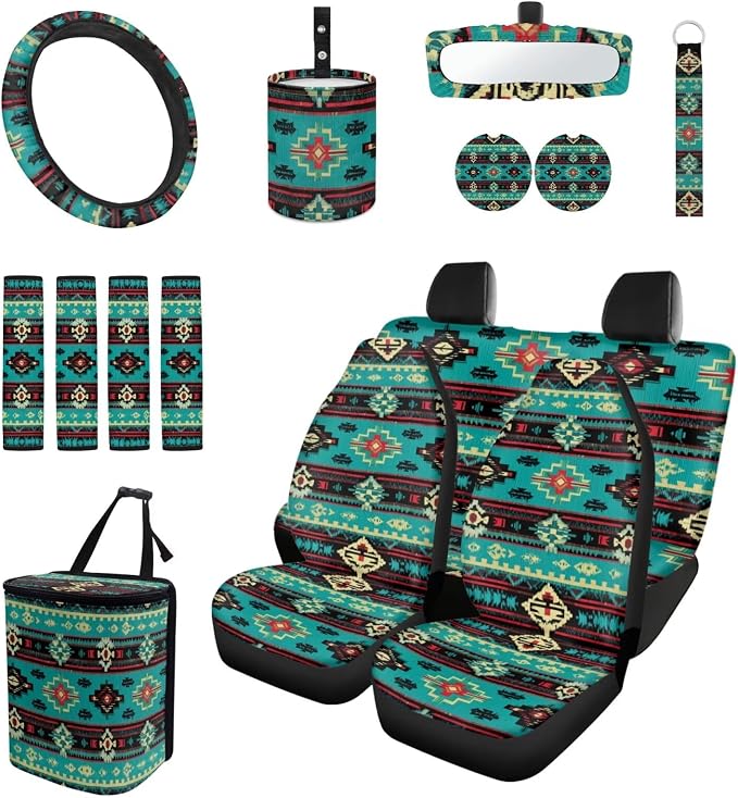 Green Aztec Tribal Car Seat Covers Set of 15 with Universal Steering Wheel Cover, Rearview Mirror Cover, Car Trash Can, Seatbelt Pads, Cup Holder Coasters, Keychains