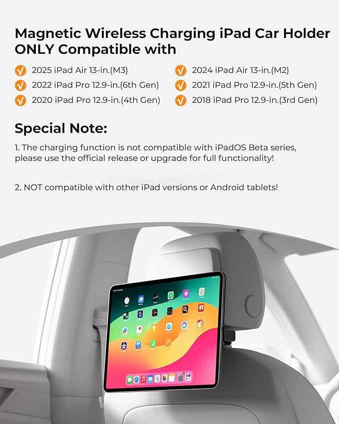 KUXIU Magnetic Wireless Charging Car Headrest Tablet Holder for iPad Pro 12.9/Air 13 M2/M3, Tablet Car Back Seat Mount with Air Vent Stand,Road Trip Essentials Holder for iPad Pro 12.9 3rd/4th/5th/6th