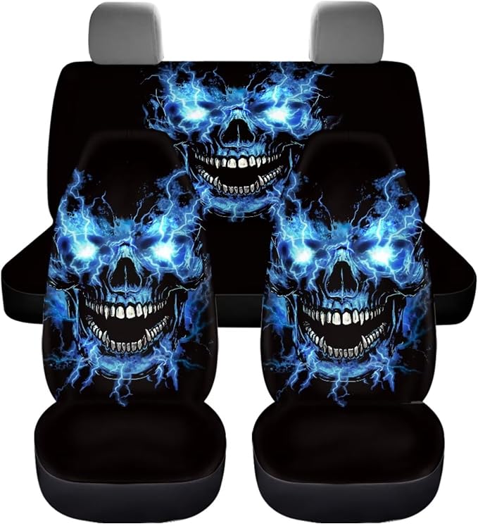 Skull Car Seat Covers Full Set with Steering Wheel Cover+Coasters+Seatbelt Pad Cover+Gear Lever Cover+Hand Brake Cover Universal Fit Most Vehicles Auto Accessories, 11Pcs