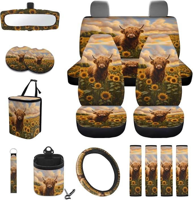 Sunflower Highland Cattle 15 PCS Car Seat Cover Full Set, with Steering Wheel Cover Seat Belt Strap Trash Cans Rear View Mirror Cover Coaster Air Vent Storage Bag Universal Fit