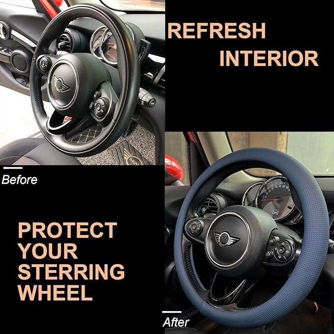 PINCTROT Large Size Nappa Leather Steering Wheel Cover, Slim Fit No Bulk Design, One Piece Leather with Breathable Perforation, Fit Like Gloves, 15.5-15.75 Inch(Nappa Smoky Blue)