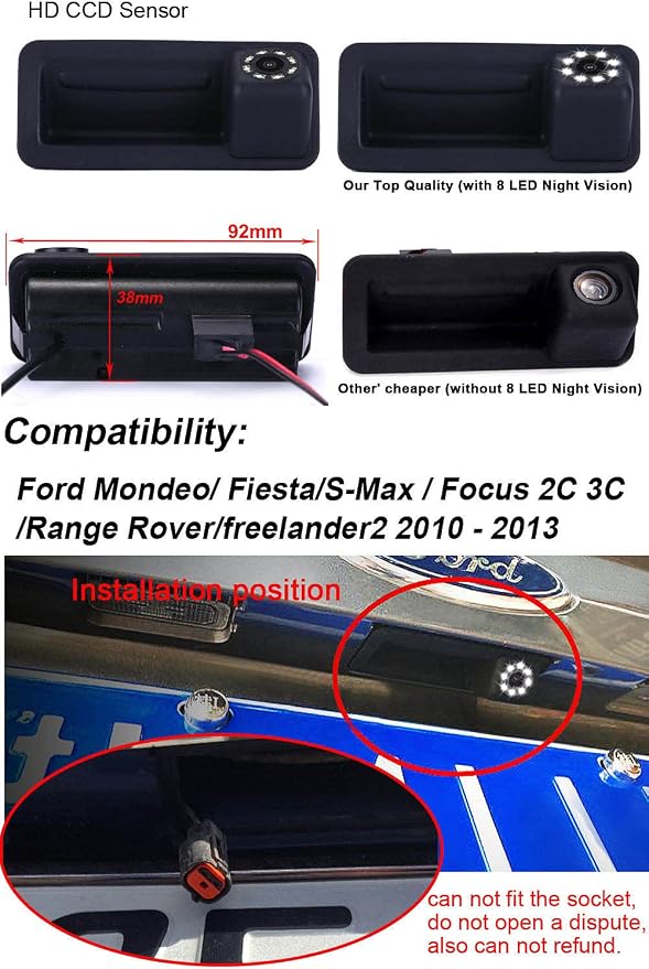 8LED Night Vision Trunk Handle Vehicle-Specific Camera Integrated into Case Handle Rear View Camera for Ford Focus || MK2 Fiesta Vl Grand C-Max || S-Max Galaxy Kuga Transit Custom Range Rover Sport