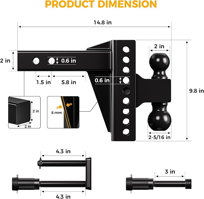 CAMMOO Adjustable Trailer Hitch, Tow Hitch Fits 2 inch Receiver, 6 inch Rise/Drop Hitch, 2" and 2-5/16" Ball Hitch, 20000 LBS GTW Truck Hitch with U-Shaped Alloy Steel Anti-Theft Pin, Black, ML-2060