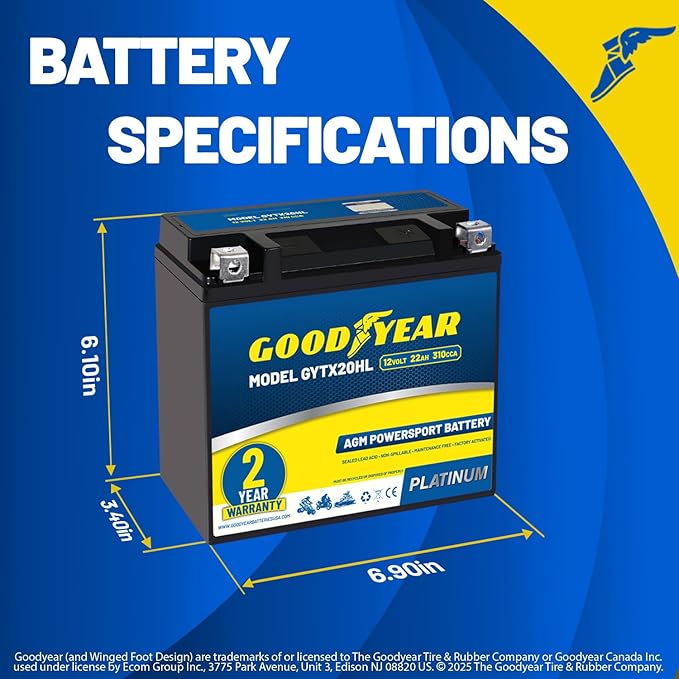 Goodyear GYTX20HL - 12 Volt 22 AH, 310 CCA, Rechargeable High-Performance, Maintenance Free, SLA - AGM Battery for Motorcycle, ATV, UTV, Scooter, Snowmobile, Motorbike and more!