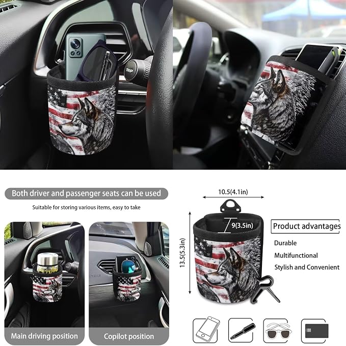Wolf American Flag Pattern Auto Accessories Set of 10, Front and Rear Seat Covers Full Set, Steering Wheel Cover, Air Vent Storage Bag, Keychain, Car Trash Can, Cup Holders Car Interior Decor