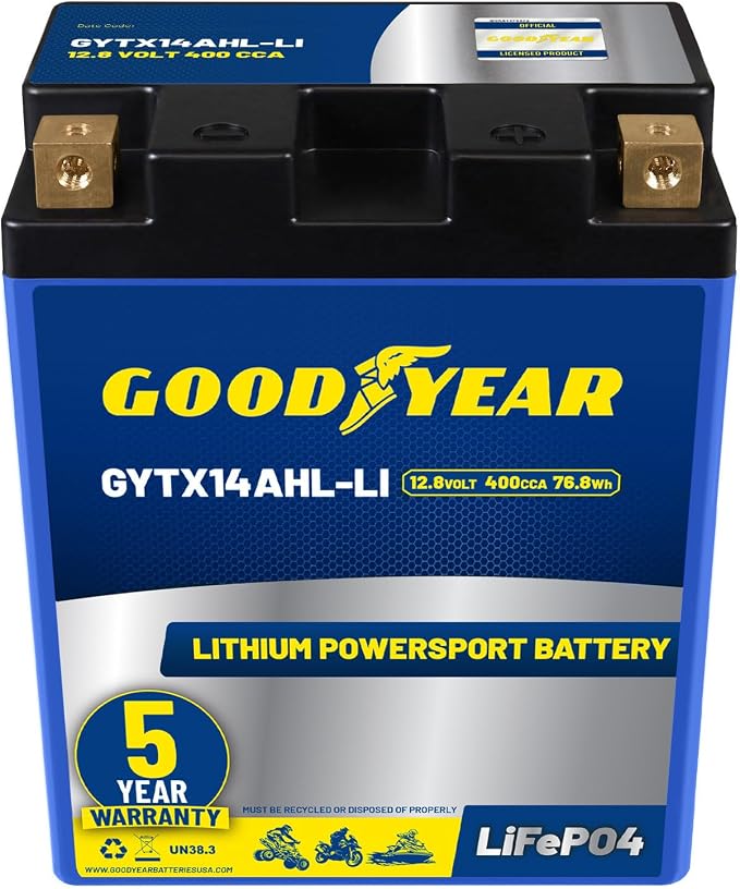 Goodyear GYTX14AHL-LI Lithium LiFePO4 12.8V 400CCA Rechargeable High Performance Powersport Battery with Smart BMS Replacement for Motorcycle, ATV, UTV, Scooter, Watercraft, Jet Ski, and Snowmobile