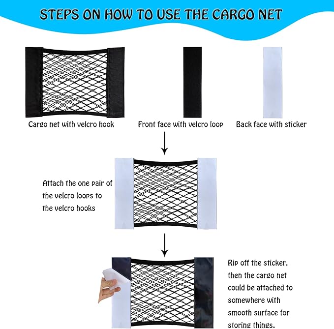 Mesh Cargo Net Car Wall Sticker Organizer Elastic Net With Tape Stickers for Trunk Storage Mesh Holder for Kitchen Cabinet, Home (Extra Tape Stickers)