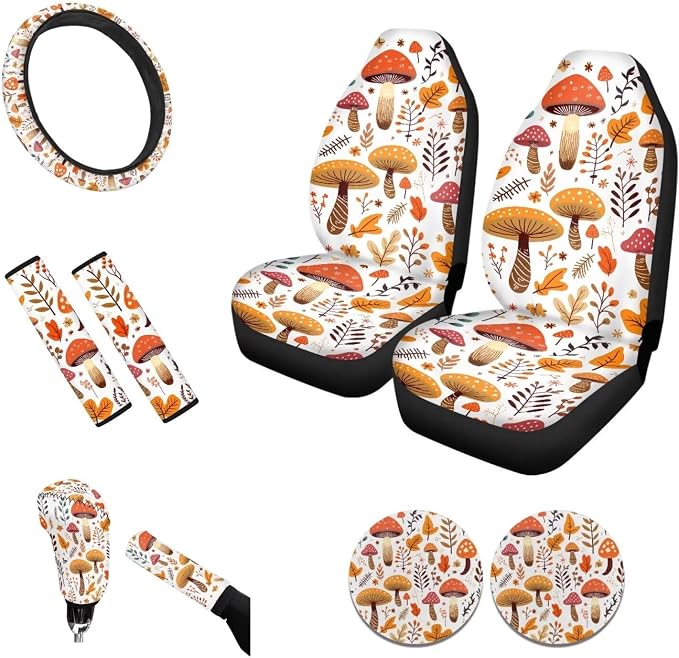 Tupalatus Car Seat Covers Set of 9,Car Hand Brake Cover,Gear Shift Knob Cover,Seat Belt Pads,Car Coaster,Steering Wheel Cover Universal Fit for Car Truck SUV, Yellow Mushroom Leaf