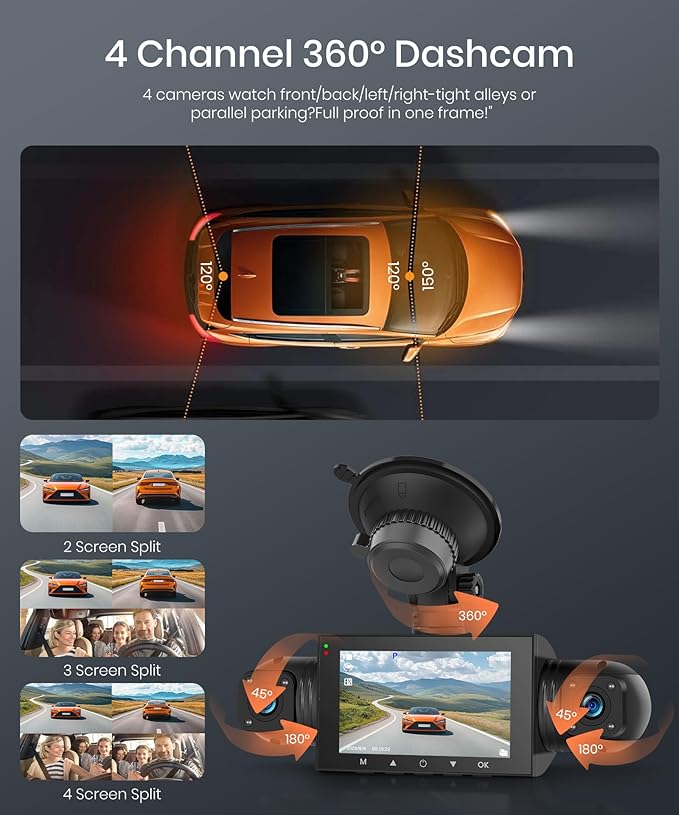 Rimoody 4-Channel 360° Dash Cam, 1080P Full HD Car DVR with Front/Rear/Inside/Side Cameras, WiFi App Control, Night Vision, G-Sensor, Loop Recording, 24H Parking Monitor, 3 Inch Display