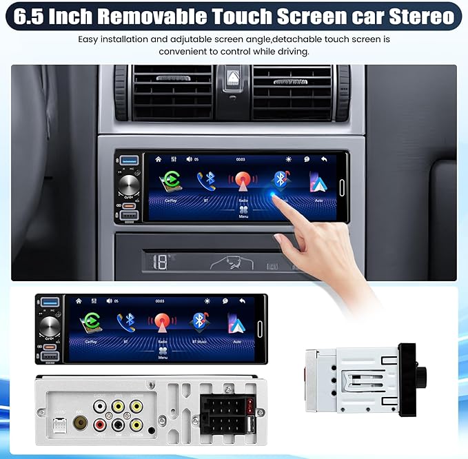 Single Din Touchscreen Car Stereo with Wireless Carplay&Android Auto,6.5 Inch Car Radio MP5 Player with Bluetooth FM Radio EQ Car Audio with USB/Type-C SWC+Backup Camera