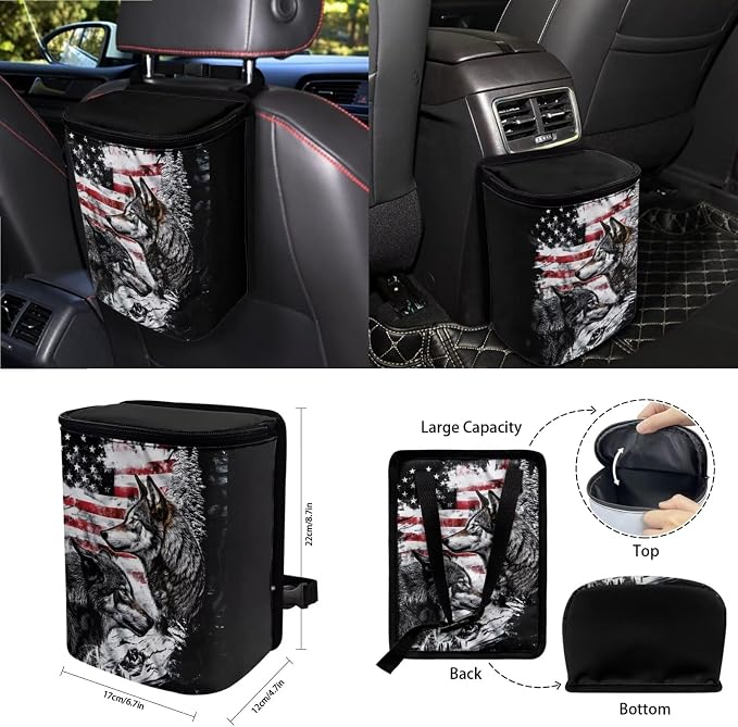 Wanyint Wolf American Flag 15 PCS Car Seat Covers Set for Men Women, Auto Seat Protector with Steering Wheel Cover Seat Belt Pads Trash Bin Air Vent Pocket Rear View Mirror Cover Coasters Key Chain