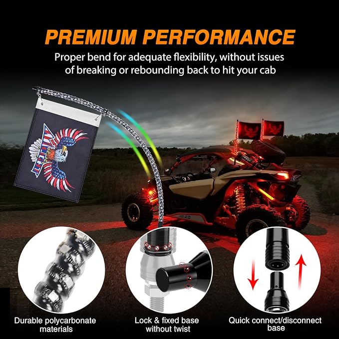 Nilight 2PCS 2FT RGB LED Whip Light with Extra Stop Turn Reverse Lights, Remote & App Control, DIY Chasing Patterns, Safety Antenna Lighted Whips for ATV UTV Polaris RZR Can-am