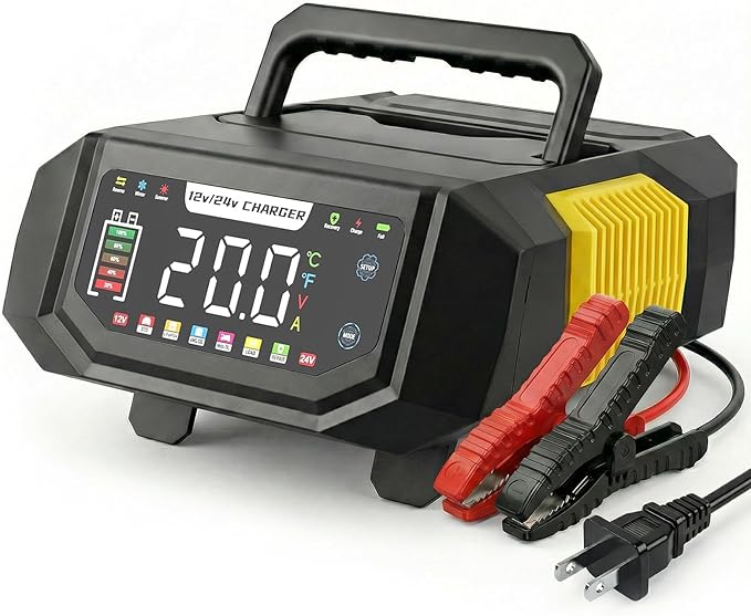 1-20A Smart Battery Charger, 12V/24V Automatic Automotive Battery Maintainer & Desulfator with Temperature Compensation, Adjustable Amp Trickle Charger for Lead-Acid, AGM, Gel, LiFePO4