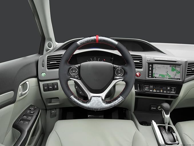 Loncky Carbon Fiber Black Genuine Leather Steering Wheel Cover for Honda Civic 9 Civic 2012 2013 2014 2015 Hand Stitched Custom Fit Car OEM Parts Interior Accessories