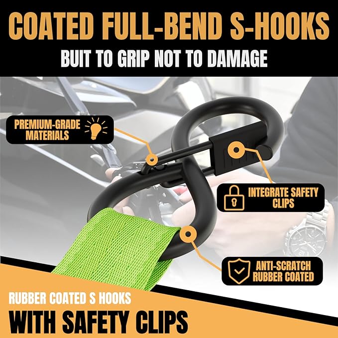 Retractable Ratchet Straps Heavy Duty Tie Down 1''*12ft Breaking Strength 1760LBS Cargo Securing System,for Motorcycle,Jetski,Kayak(2 Pack, Neon Green)
