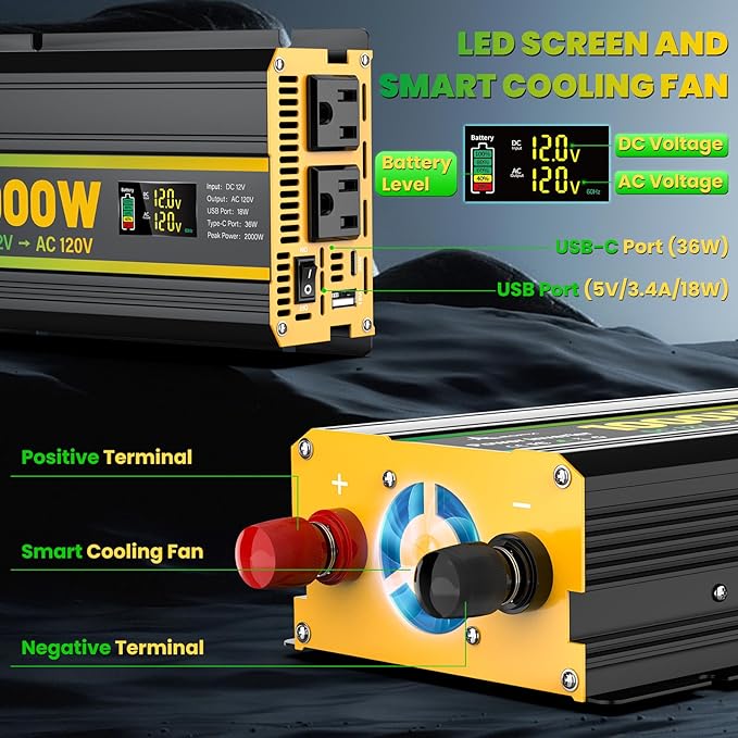 1000W Power Inverter 12V to 110V for Vehicles/Truck/Car/Laptop, 1000 Watt Car Power Inverter with Cigarette Lighter/LED Display/100A Battery Cables/2 AC Outlets/2 USB Port, Surge 2000W Car Inverter