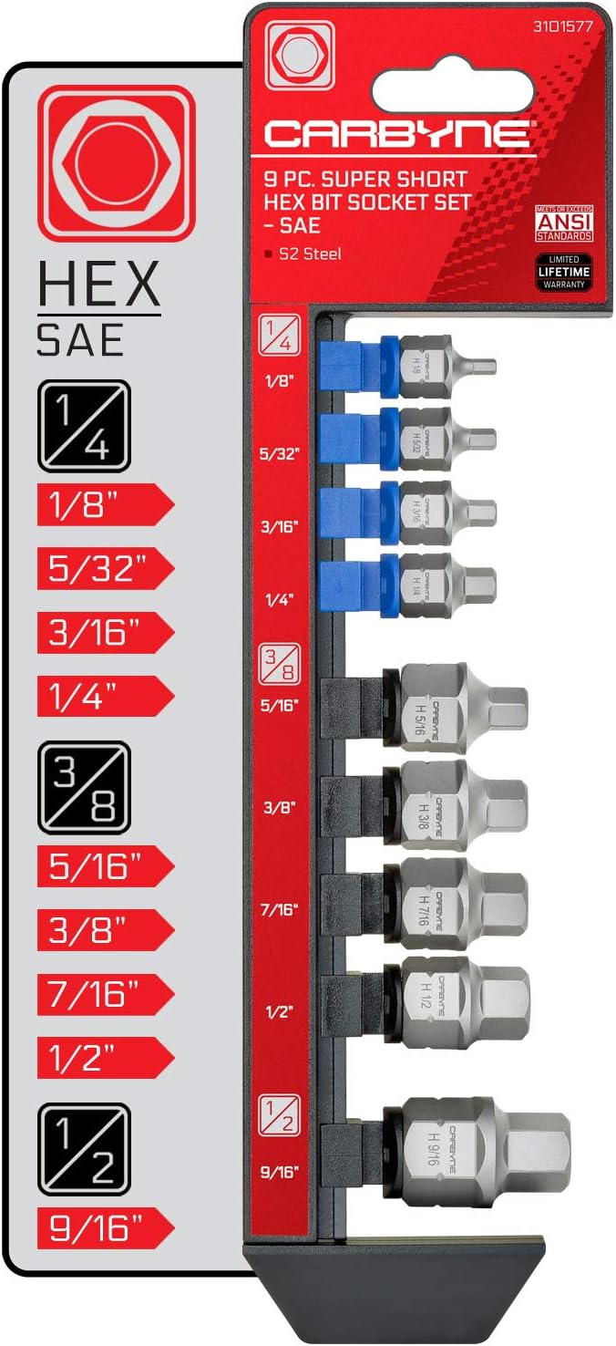 CARBYNE 9-Piece SAE Stubby Low Profile Hex (Allen) Bit Socket Set, 1/8 to 9/16 in., S2 Steel, Super Short Allen Sockets, Dual Drive Internal Square and External Hex for Tight Confined Spaces