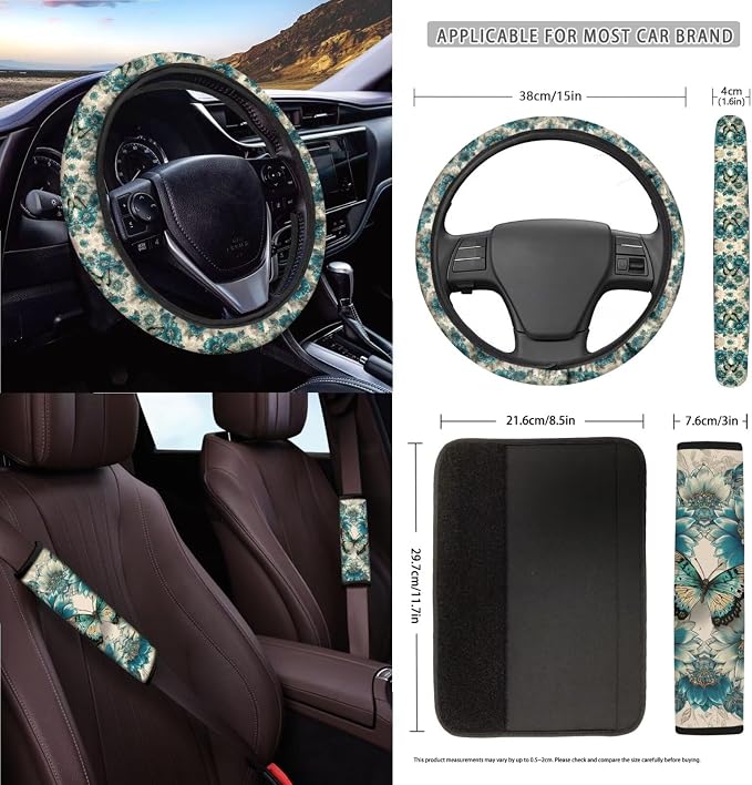Butterfly Flower Print Auto Seat Covers Full Set for Women Dust-Proof Decorative Car Seat Cover for Front Back Seats with Steering Wheel Protector Safety Belt Pads etc