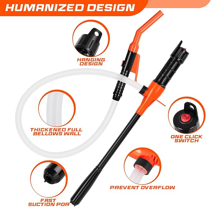 Electric Fuel Transfer Pump, 3.2GPM Portable Fluid Transfer Siphon Pump with Oil Pipeline, Battery Gas Pumps with 47 Inches Hose &Gloves for Car/RV(Orange)