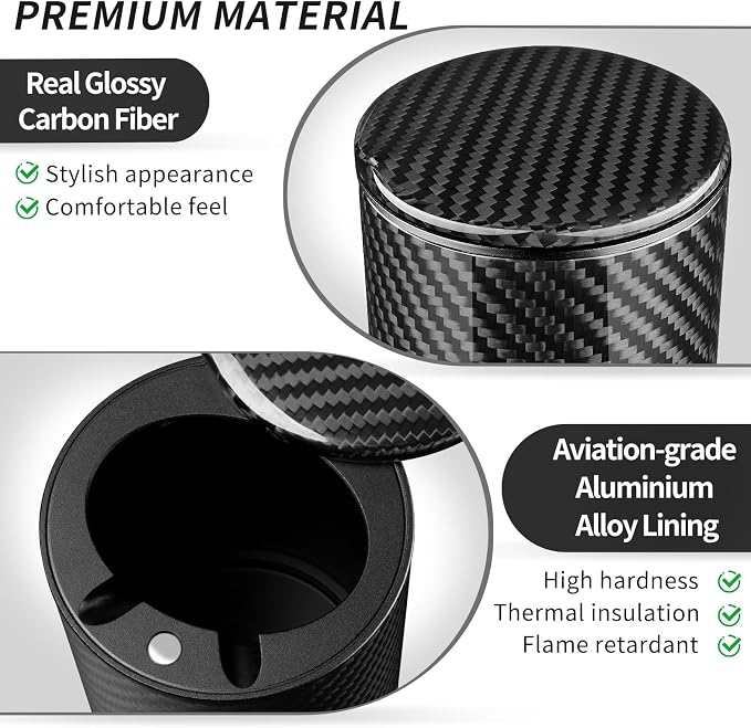 T-carbon Car Ashtray with Lid,Smokeless Ashtray for Cup Holder Smell Proof,Portable Ashtrays for Most Car, Office, Home,Glossy Black