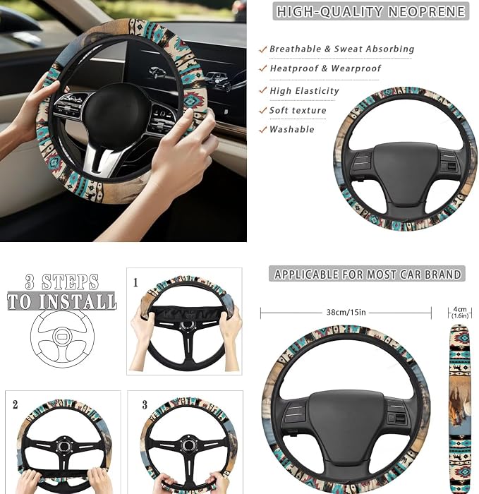 8 Pcs Western Horse Car Seat Covers Full Set Car Accessories for Women Front Seat Cover Steering Wheel Armrest Cover Seat Belt Cover for Auto SUV Interior Decoration