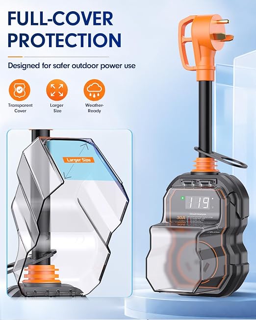 GEARGO 𝑵𝑬𝑾-𝑽𝒆𝒓 RV Surge Protector 30 Amp, 15000J Circuit Analyzer with LED Display, IP68 Waterproof Cover, High-Energy Protection, Temperature Control, RV Adapter Plug for Camper, Travel Trailer