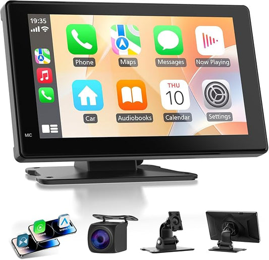 Haudio 7" Portable Wireless CarPlay & Android Auto Screen for Car, HD Touchscreen, Backup Camera, Bluetooth 5.0, FM Transmitter, Plug and Play, Voice Control, Fit All Vehicles