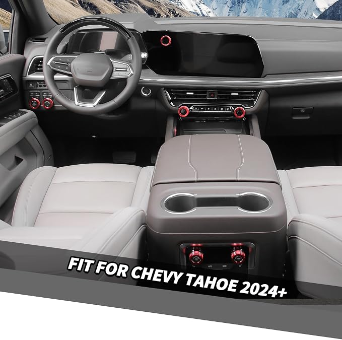 Jimen for Tahoe Center Console Knob Covers, 7PCS AC Air Conditioning Volume Control Button Headlight Switch Trim Ring Fit for Chevrolet Tahoe 2024-2025 (Red)
