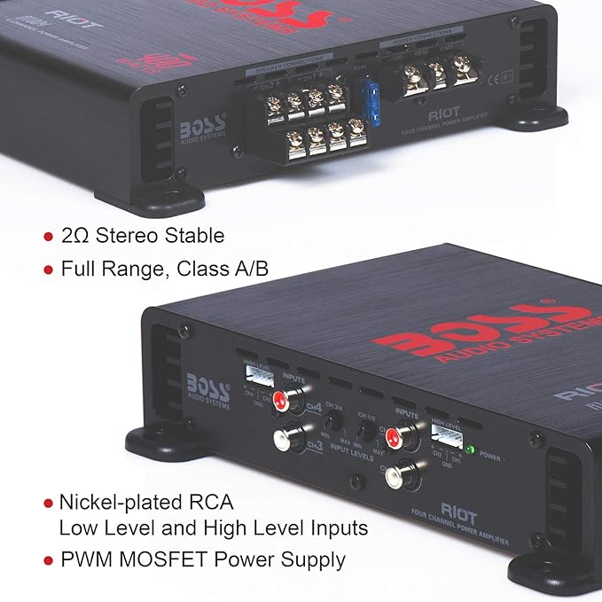 BOSS Audio Systems R1004 Riot Series 4 Channel Amplifier Car Audio - Class A/B, 400 High Output, 2-8 Ohm Stable, High/Low Level Inputs, Full Range