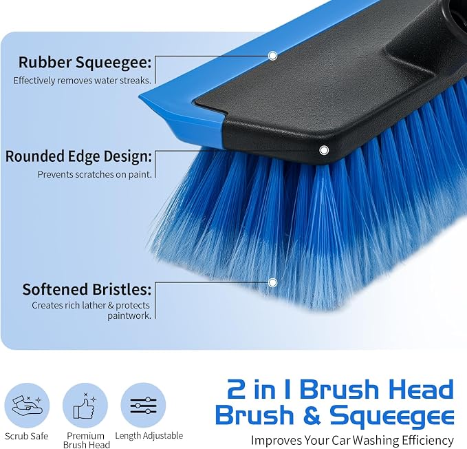 Ordenado 56" Car Wash Brush with Long Handle - Car Cleaning Brush with Soft Bristle & Squeegee, Scratch-Free Car Cleaning Mop Kit for Washing Exterior & Snow, Universal for RV Boat Truck SUV Blue