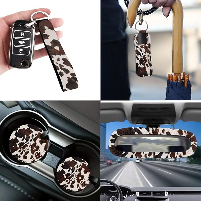 Brown Cow Print Car Accessories Set 12 Pcs Steering Wheel Cover Car Seat Belt Cover Car Trash Can Car Rear View Mirror Cover Car Cup Coasters Keychain Holder Keychains