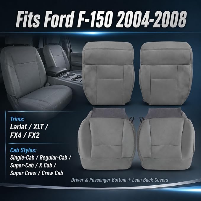 NLQR Front Driver and Passenger Side Bottom and Top Lean Back Replacement Cloth Seat Covers Gray Compatible with Ford F150 XLT 2004 2005 2006 2007 2008