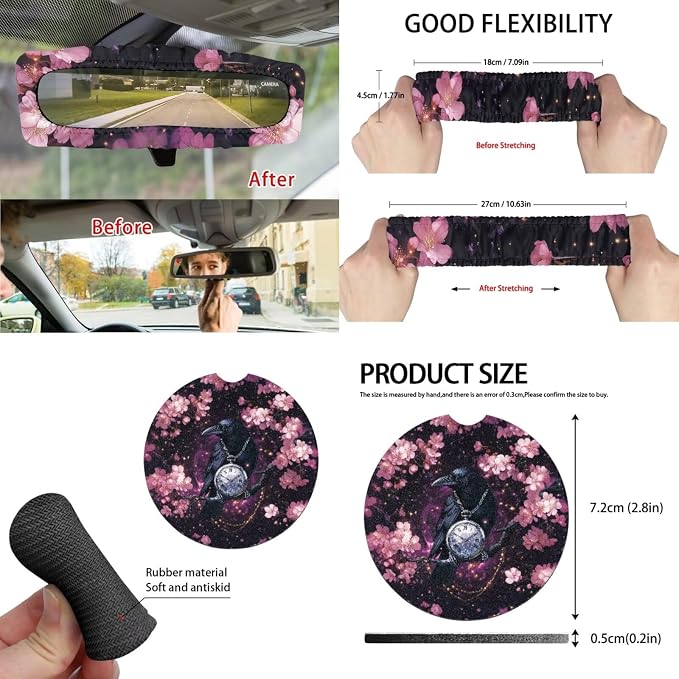 Cherry Blossoms Raven Car Seat Covers Full Set for Women Cute Car Accessories Interior Car Steering Wheel Cover Seatbelt Covers Trash Bin Rear View Mirror Cover Cup Holders Keychain