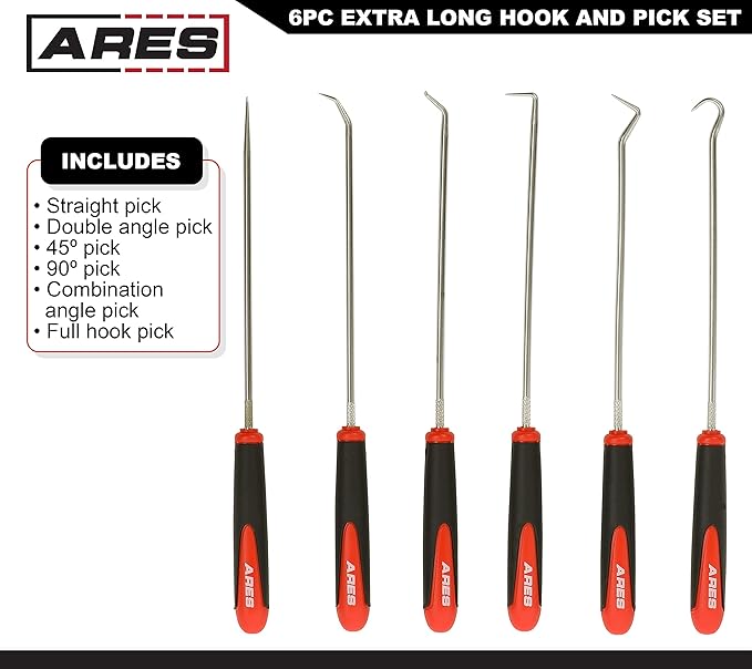 ARES 10035 – Extra Long Precision Hook and Pick Set - 6-Piece Set Includes Angled, Straight, and Full Hooks and Picks - Hardened Steel Shafts - Easily Remove Hoses, O-Rings, and Gaskets