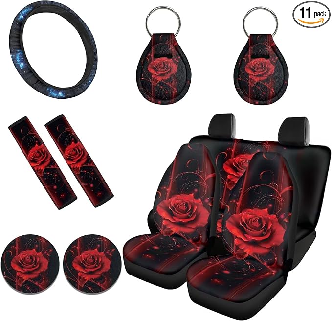 11 Pcs Red Roses Car Seat Covers Full Set, Decorative Car Coasters, Heavy Duty Covers for Trucks, Seat Belt Key Chains, Auto Accessories for Women Ladies