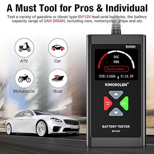 KINGBOLEN BM580 6V 12V Car Battery Tester, 100-2000CCA Voltage Tester, Precision Digital Auto Battery Analyzer, Loading/Charging/Starting System Tester for Cars SUV ATV Boats Motorcycles Vehicle