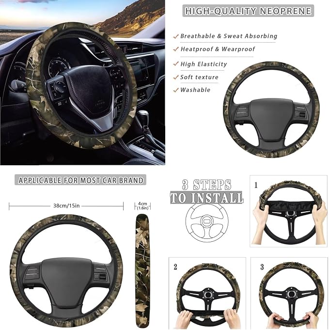 Xoenoiee Realistic Forest Camouflage Car Seat Cover Front & Rear Seat Cover with Steering Wheel Cover + Seat Belt Cover+ Cup Coasters+ Key Chains Universal Fit for Van Truck SUV