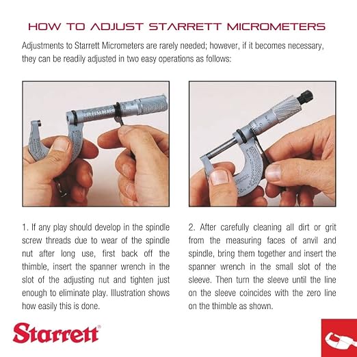 Starrett Outside Micrometer with One-Piece Spindle, Satin Chrome Finish and Tapered Frame - Quick and Easy Adjustment, 0-1" Range, .0001" Graduation - T436.1XFL-1