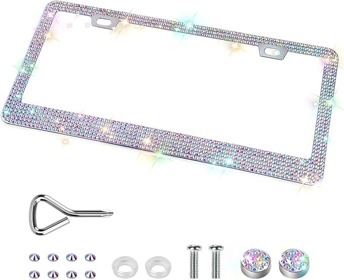 QUANQIUFEI Bling License Plate Frames for Women, Sparkly Rhinestone Diamond Car Accessories with Glitter Crystal Caps (1 Pack Colorful)